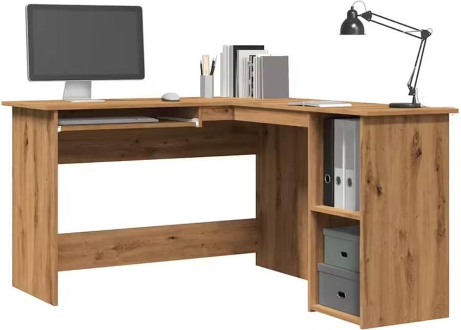 Suredeal Hoekbureau L-vorm 140x120x75 cm Ambachtelijk EikenHout Bewerkt Hout 2 Schappen Modern Design Kantoor