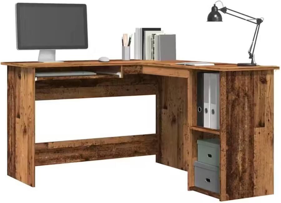 Suredeal Hoekbureau L-vorm 140x120x75 cm Antiek hout Bewerkt Hout 2 Schappen Modern Design Kantoor