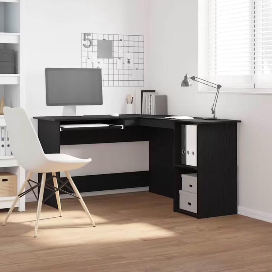 Suredeal Hoekbureau L-vorm 140x120x75 cm Zwarte eik Bewerkt Hout 2 Schappen Modern Design Kantoor