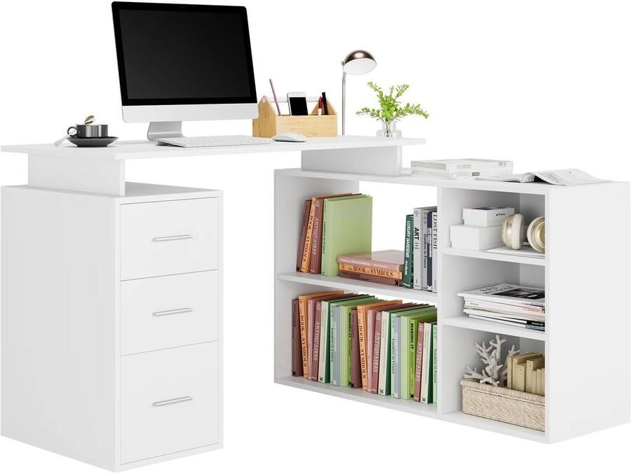 Suredeal Hoekbureau L-Vormig met Laden & Planken 129x104x76 cm Hout Wit Verstelbare Opbergruimte Voor Studiekamer & Kantoor Modernee vormgeving