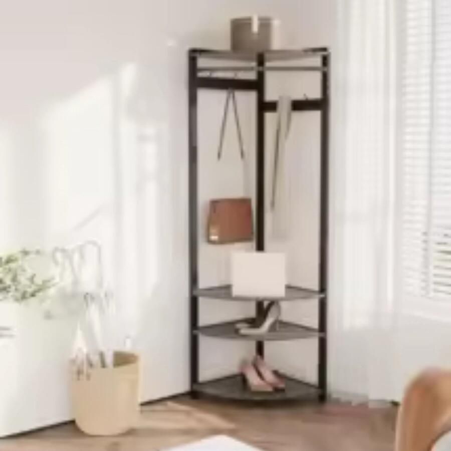 Suredeal Hoekkapstok met 6 Haken & 3 Planken 50x50x180 cm Metaal & Hout Rustiek Bruin Vrijstaande Halboom