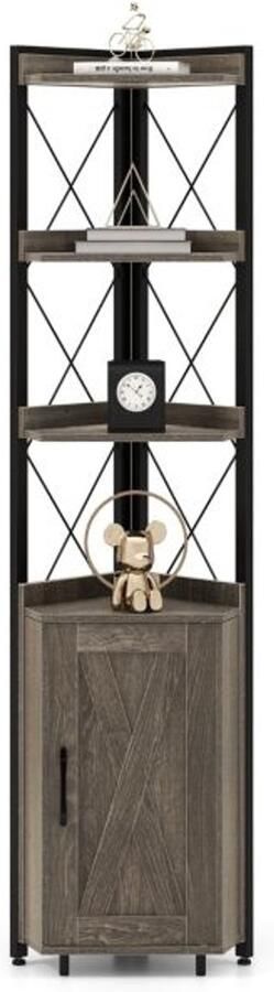 Suredeal Hoge Kast 180 cm met 6 Verdiepingen & Verstelbare Planken MDF & Metaal Grijs Hoek Opbergkast