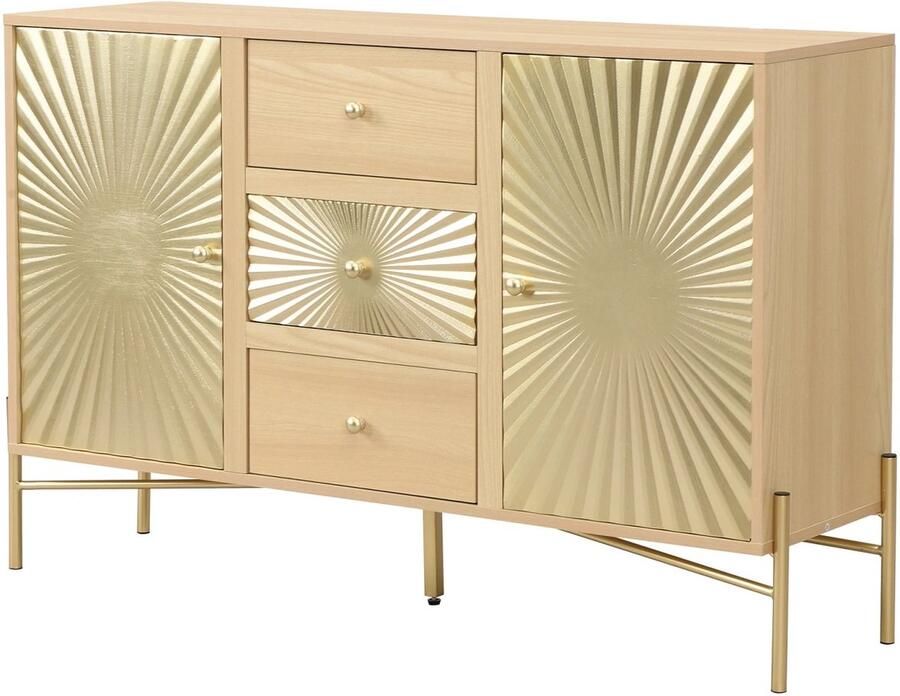 Suredeal Hoge kast dressoir 123 5x35x80 cm MDF+PB Houtnerf Sunray‑textuur 2 deuren & 3 lades