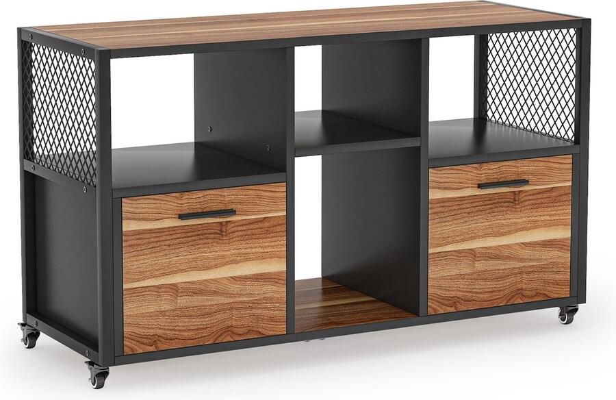 Suredeal Houten Archiefkasten Met 2 Laden Mobiele Zijarchiefkast Voor Letter A4-Formaat Printerstandaard Met Planken En Lade Bruin