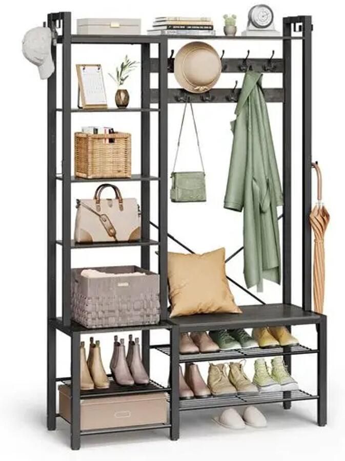 Suredeal Kapstok Kledingkast Met Haken -Schoenenrek Zwart Industrieel Design