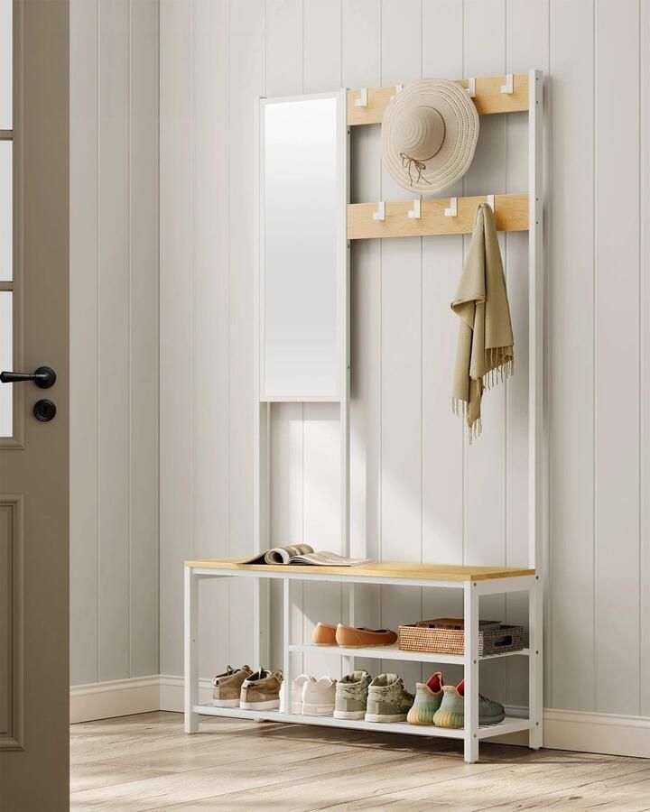 Suredeal Kapstok Kledingkast met Spiegel -Schoenenrek met Zitting 185x98x36 cm (LxBxH) Zwart Industrieel Design