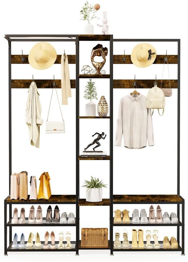 Suredeal Kapstok Kledingkast Recht Hoek 2-in-1 Hout Zwart Industrieel 146x30x178.5 cm Garderobe Wandkapstok Schoenenkast