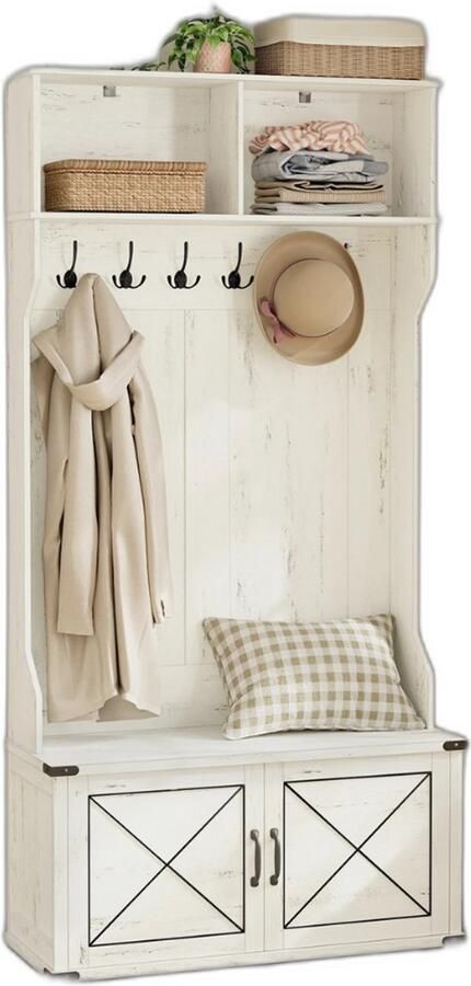 Suredeal Kapstok met Schoenenbank & 6 Haken 100x40x200 cm Spaanplaat Staal Vintage Wit Verstelbare Planken Landelijke Stijl Voor Entree