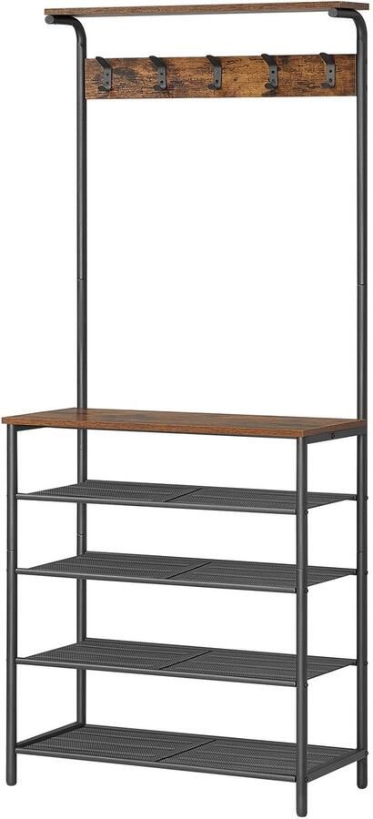 Suredeal Kapstok met Schoenenrek & 5 Dubbele Haken 68x31 5x183 5 cm Spaanplaat Staal Zwart Bruin Vrijstaand Industrieel vormgeving Met Legplank
