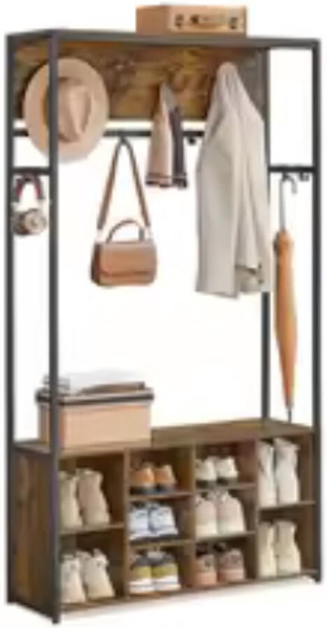 Suredeal Kapstok met Schoenenrek & Bank 100x32x180 cm Spaanplaat Staal Bruin Zwart Verstelbare Planken 14 Haken Industrieel vormgeving