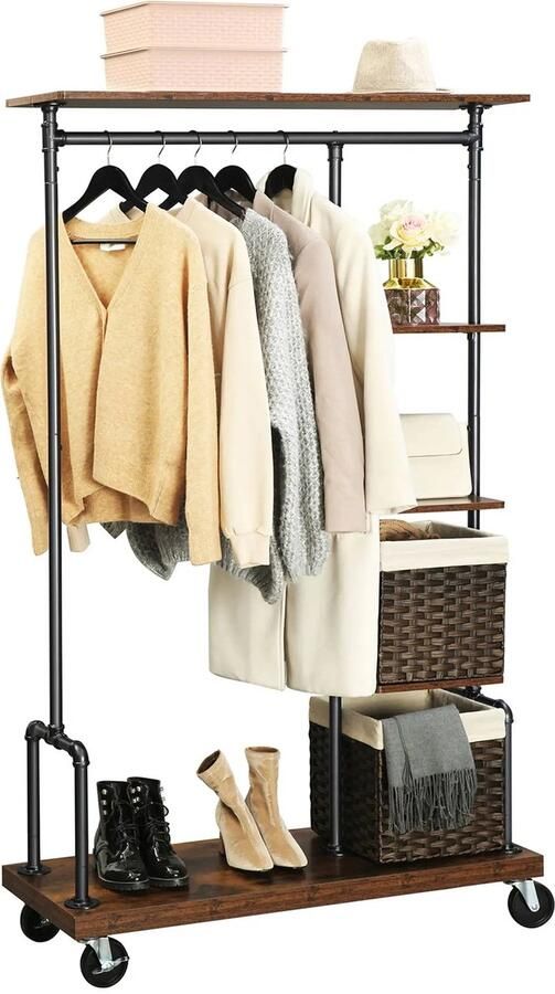 Suredeal Kapstok op Wielen met Jurkenstang -5 Planken 174 -5x103 -5x40 cm Vintage Bruin Zwart