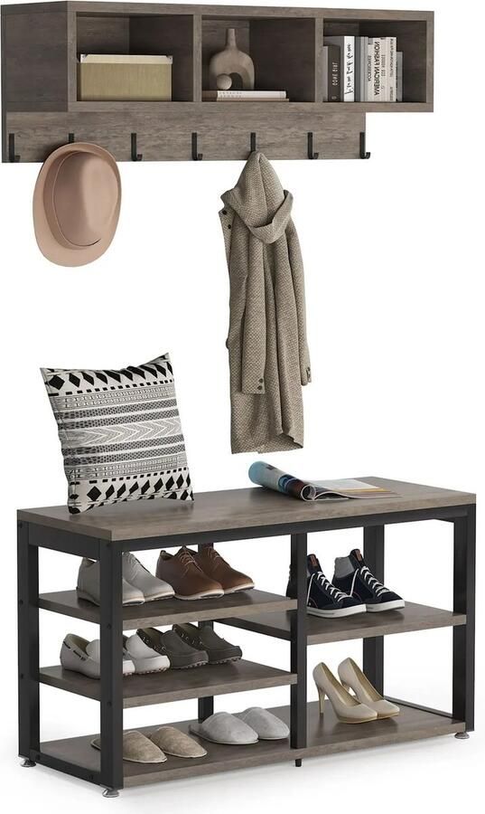 Suredeal Kapstok Schoenenbank Set Schoenenrek Industrieel 3 Opbergvakken GRIJS