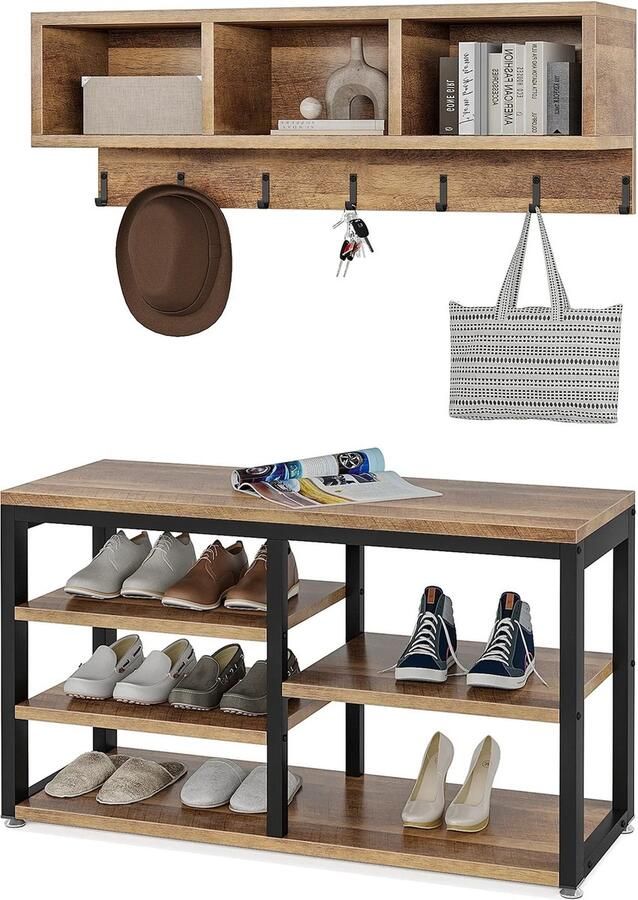Suredeal Kapstok Schoenenbank Set Schoenenrek Industrieel Schoenenrek 3 Opbergvakken KHAKI