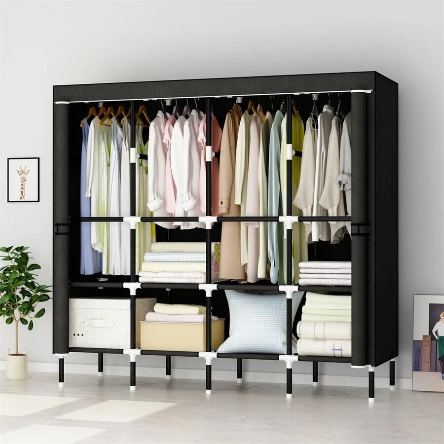 Suredeal Kast 64 Inch Garderobekast 20 Mm Stof Voor Kleding Opknoping Met 8 10 Opbergplanken En 4 5 Hangende Staven Zwart