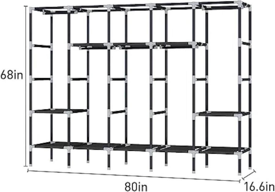 Suredeal Kast 80 Inch Garderobekast 20 Mm Stof Voor Kleding Opknoping Met 8 10 Opbergplanken En 4 5 Hangende Staven grijs