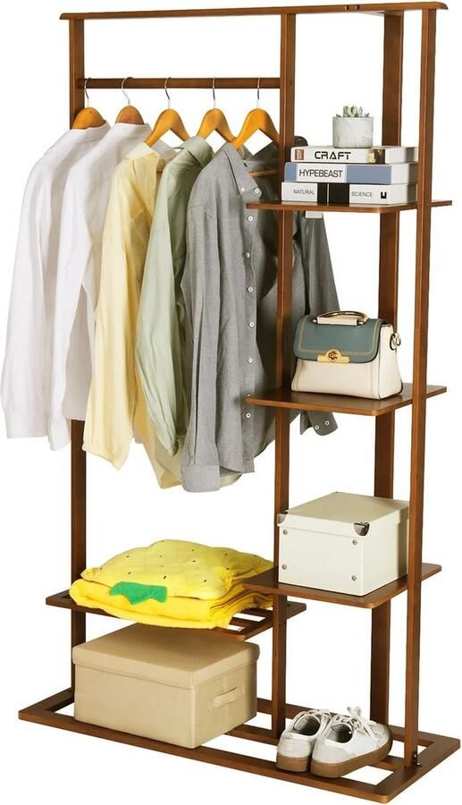 Suredeal Kledingkast Kledingrek Kapstok Bamboo 101x41x171 cm Wandkast Boekenkast Vakkenkast