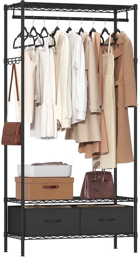 Suredeal Open Jurkenkast met 2 Lades & Haken 90x40x180 cm Staal Zwart Verstelbare Planken & Kledingstang