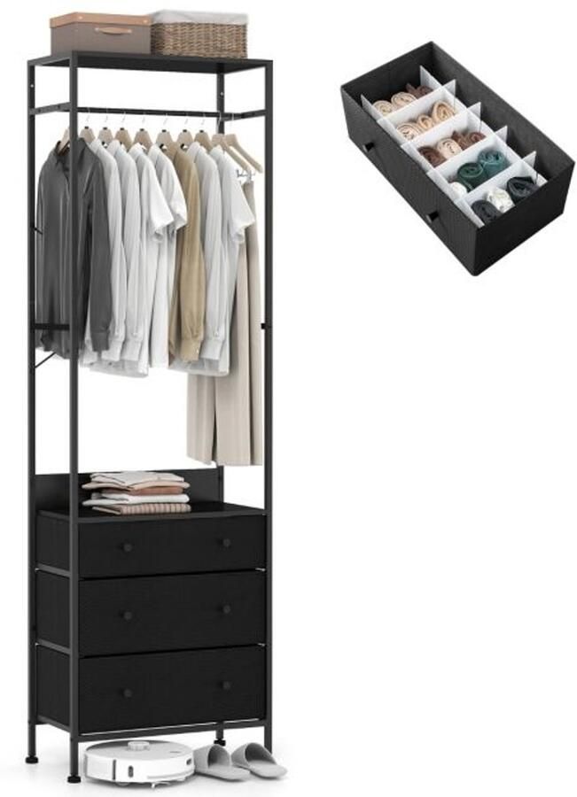 Suredeal Kledingrek met 3 Lades & 3-Positie Hangstang 55x28x176 cm Metaal & MDF Zwart Kast Organizer met Planken