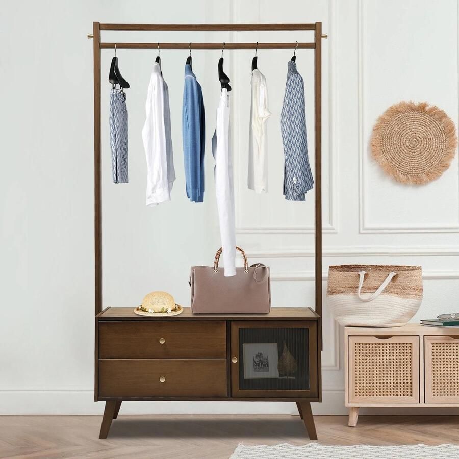 Suredeal Kledingrek met Lade Bamboe -MDF 70 cm Bruin Retro Stijl Vrijstaand Met 2 Schuifjes