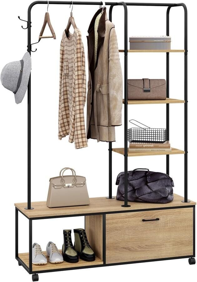 Suredeal Kledingrek met Schoenenrek 110×37 5×160 cm MDF & Metaal Zwart Licht Eiken Op Wielen