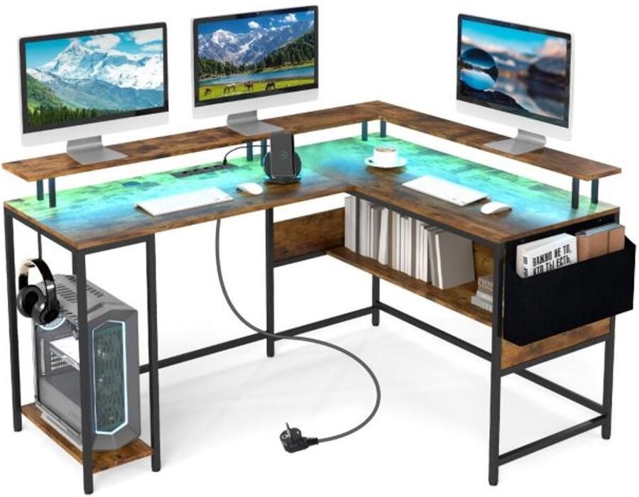 Suredeal L-Vormig Bureau met LED & Stopcontacten Spaanplaat & Metaal 146x115x85 5 cm Bruin Gaming Hoektafel