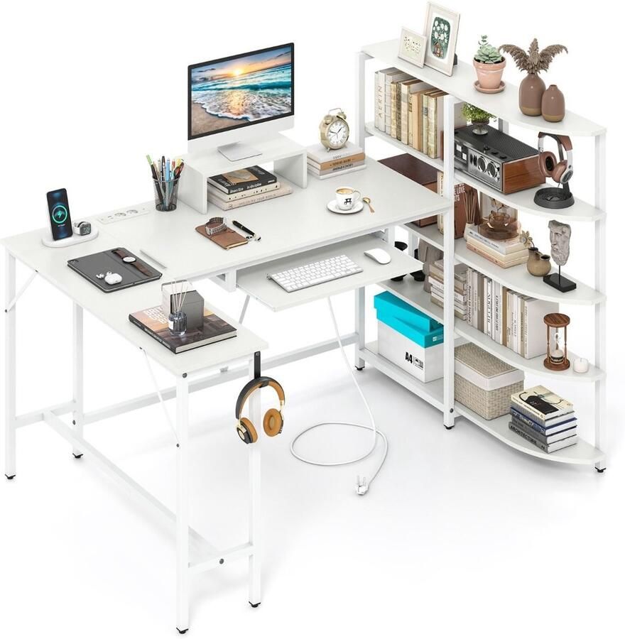 Suredeal L-Vormig Bureau met Oplaadstation & Opbergvakken Hout & Metaal 160x108x109 5 cm Wit Hoektafel