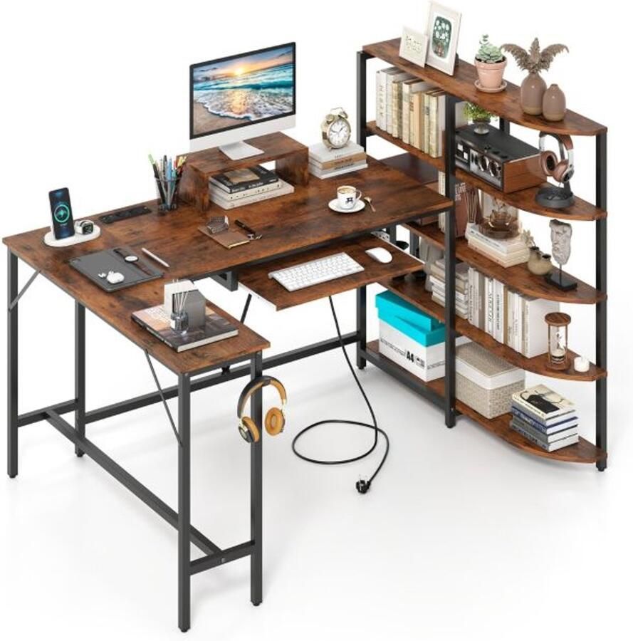 Suredeal L-Vormig Bureau met Oplaadstation & Opbergvakken Hout & Metaal 160x108x109 5 cm Bruin Hoektafel