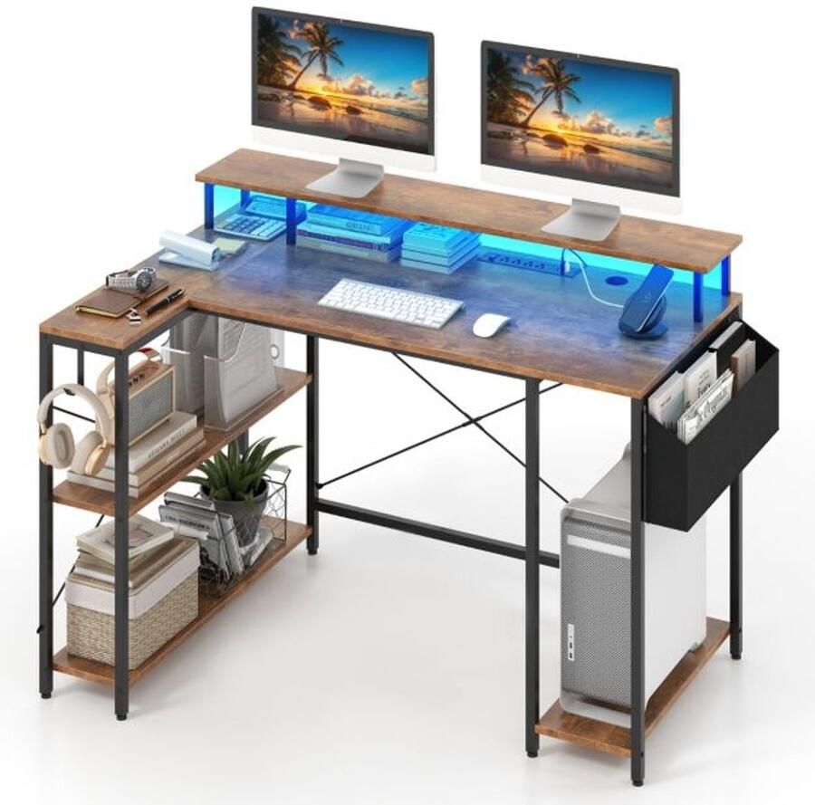 Suredeal L-Vormig Gaming Bureau met LED & Stopcontacten Hout & Metaal 120x80x87 cm Rustiek Bruin Hoektafel
