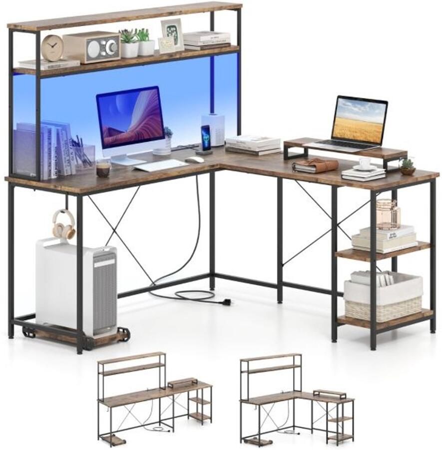 Suredeal L-Vormig Gaming Bureau met LED & Stopcontacten Hout & Metaal 145x145x147 cm Bruin Hoek Computerbureau