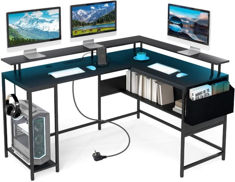 Suredeal L-Vormig Gaming Bureau met LED & Stopcontacten Hout & Metaal 146x115x85 5 cm Zwart Hoek Computertafel