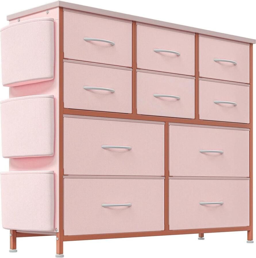 Suredeal Ladekast 10 Laden Stof -Metaal 100x30x89 cm Roze Met Handvatten Zijvak -Haak Voor Slaapkamer -Kinderkamer