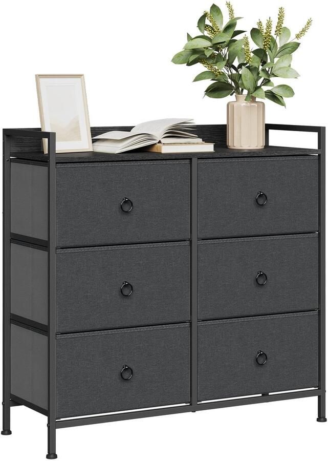 Suredeal Ladekast 6 stoffen laden Metaal & E1-hout 80×78×29 cm Zwart houtlook + Donkergrijs