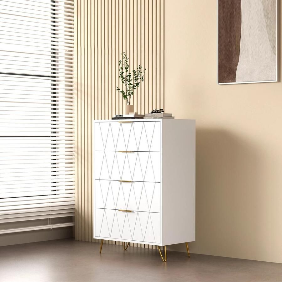 Suredeal Ladekast Met 4 Laden Dressoir Slaapkamer Woonkamer Wit 90x60x34 cm Kast Ladeblok