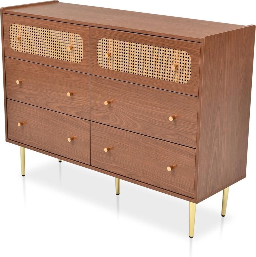 Suredeal Ladekast Met 6 Laden Rotan Dressoir Slaapkamer Woonkamer Walnoot Chocolade 90x120x40 cm