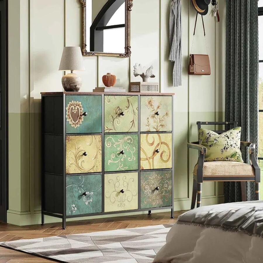 Suredeal Ladekast met 9 Stoffen Laden 100x30x86 -5 cm MDF -Staal Multikleur Ook als TV-meubel