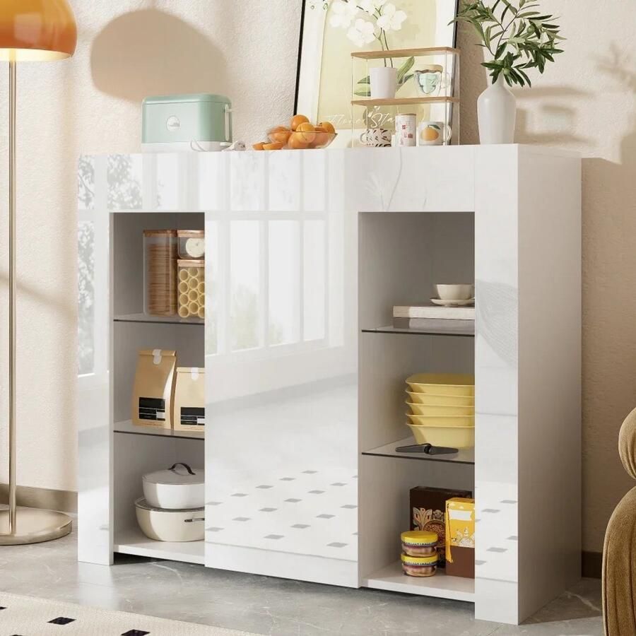 Suredeal Modern Wit Buffetkast met Hoogglans Front 95x35x83 cm Glazen Planken & Kastdeur Compact & Stijlvol