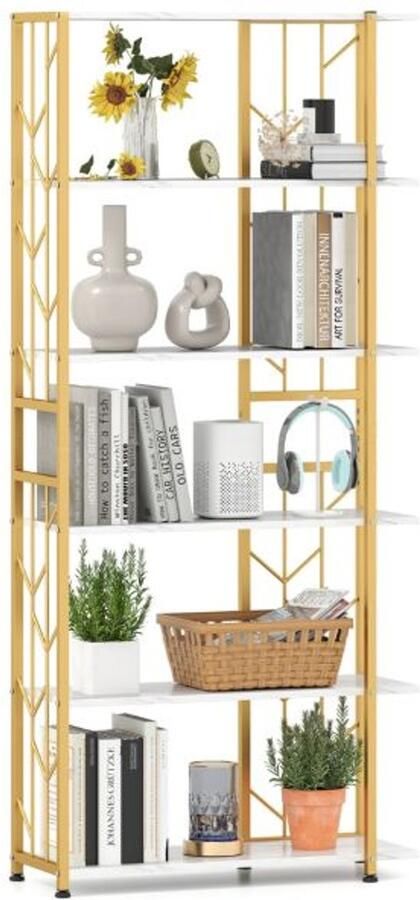 Suredeal Boekenkast 6 Planken 80x31x180 cm Wit Geometrisch Metaal Frame Vrijstaand Anti-Kantel Modern Design Voor Woonkamer & Kantoor