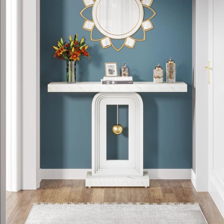 Suredeal Moderne Consoletafel 40 Inch Smalle Banktafel Met Slingervorm Basis Eigentijdse Houten Accenttafel