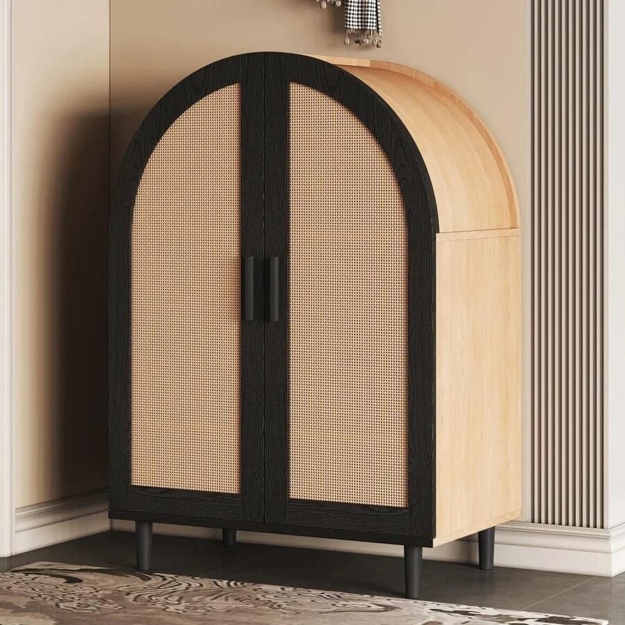 Suredeal Moderne Schoenenkast & Dressoir 70x40x100 cm Hout & Rotan Naturel 3 Planken met Deuren