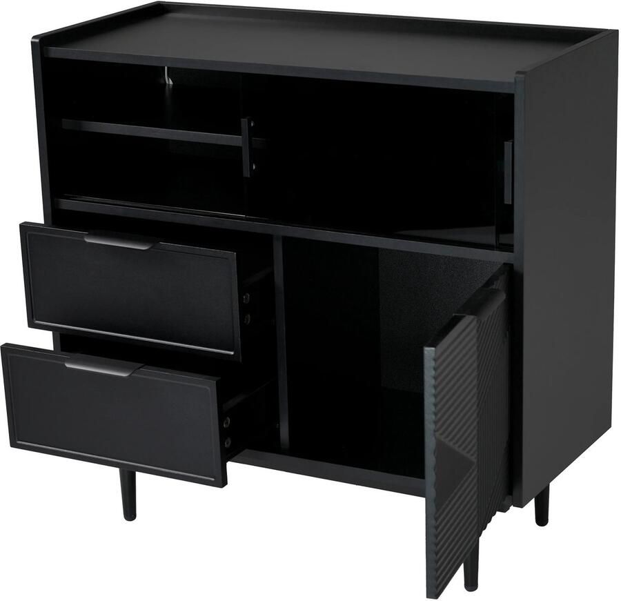 Suredeal Modernee zwarte opbergkast Houten dressoir met glazen deur & LED-lichtstrip Voor woonkamer keuken & badkamer