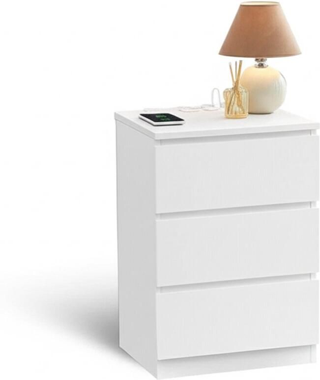 Suredeal Nachtkastje 2‑Stuks met Stopcontacten & USB – 3 Lades – Houtlook – Wit – 35×40×59 cm (D×B×H) – Modern Design – Voor Slaapkamer – Bijzetkast Set