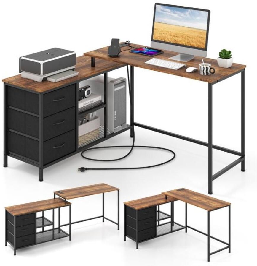 Suredeal Ombouwbaar Hoekbureau 205 cm L-Vormig Bureau Hout & Metaal Bruin Met Stopcontact & 3 Stoffen Lades