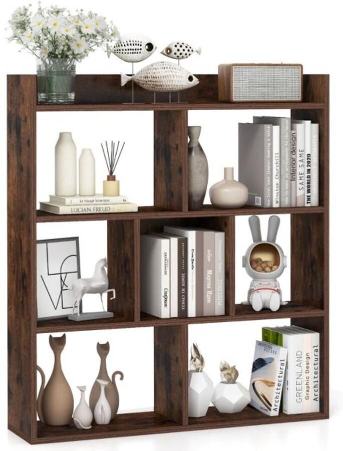 Suredeal Open Boekenkast met 7 Kubussen 80x20x90 cm Hout Koffiebruin Modern Opbergmeubel met Anti-Kantelset