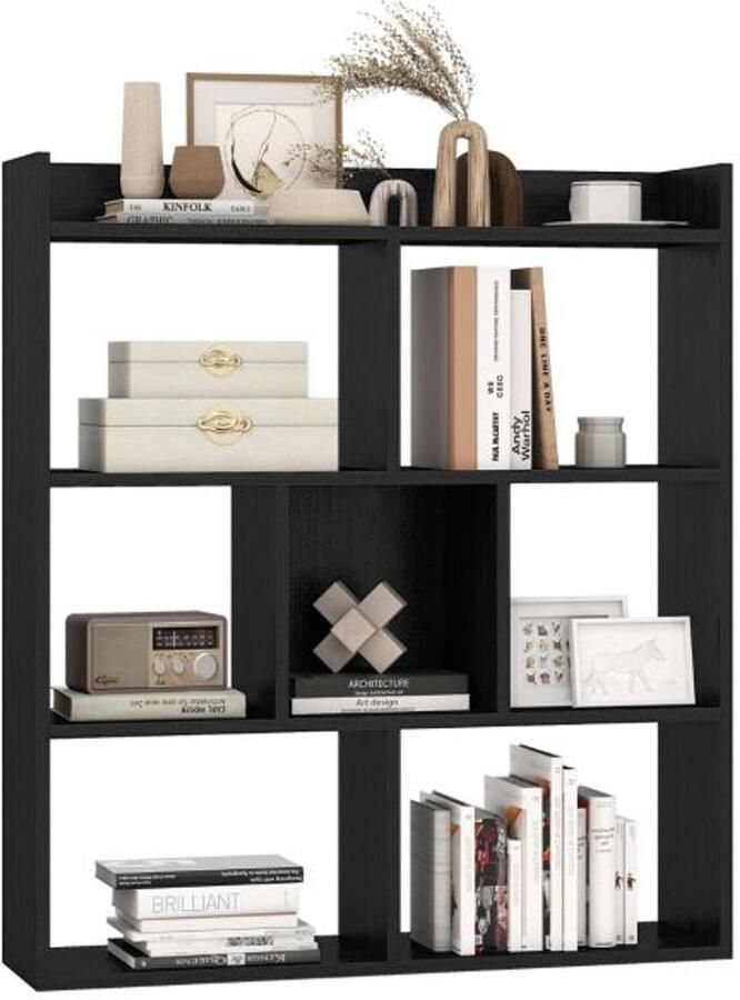 Suredeal Open Boekenkast met 7 Kubussen 80x20x90 cm Hout Zwart Modern Opbergmeubel met Anti-Kantelset