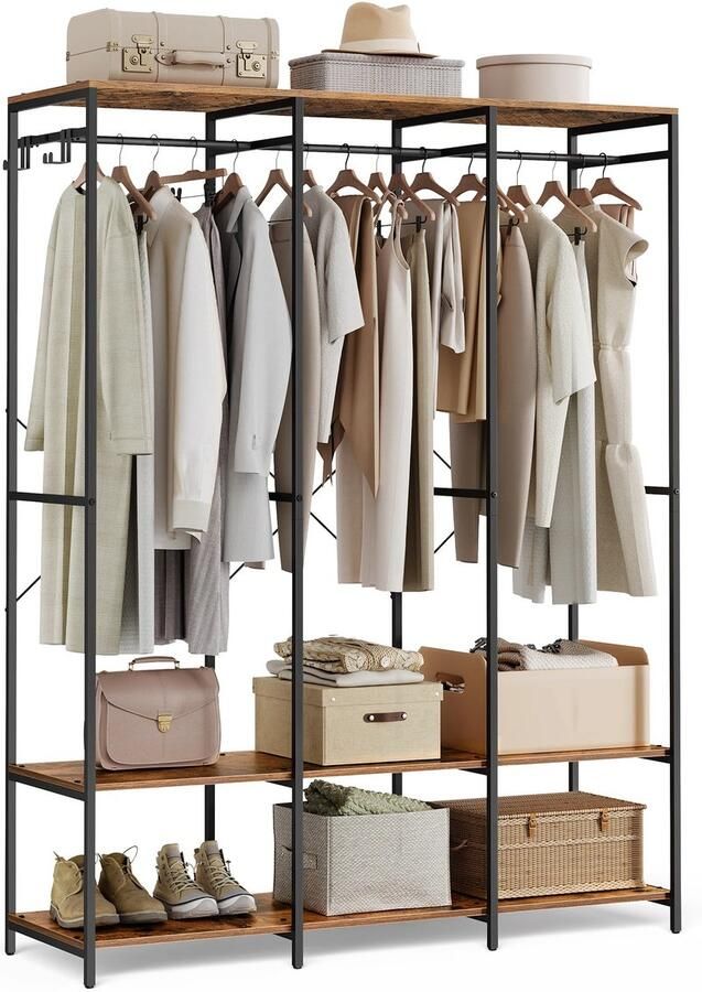 Suredeal Open Kledingkast & Kapstok 141x40x180 cm Hout & Metaal Vintage Bruin Met Haken & Planken