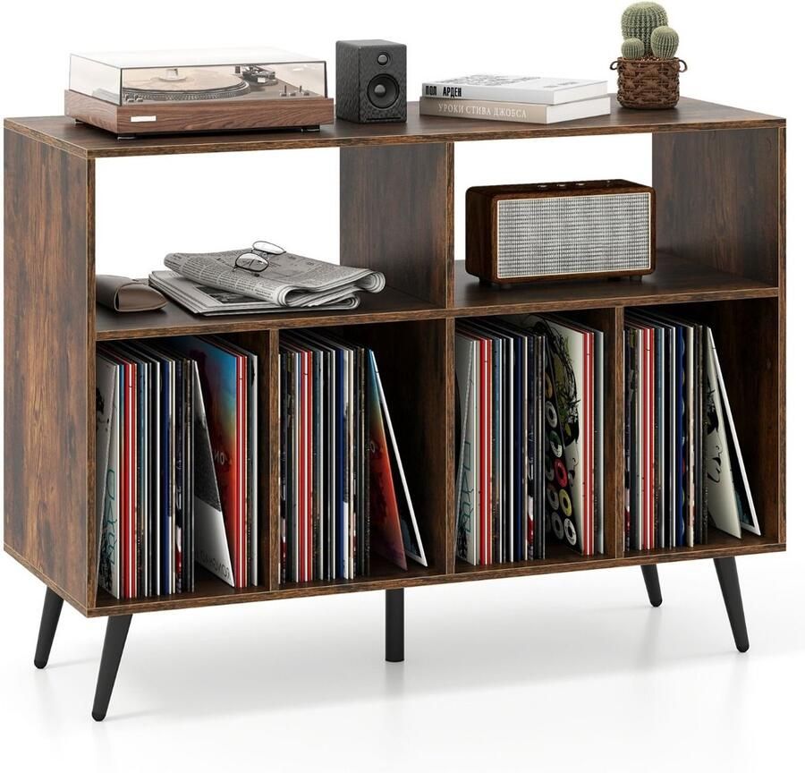 Suredeal Platenspelerkast met Vinylopslag 3-Laags 100x40x74 5 cm Hout & Metaal Rustiek Bruin