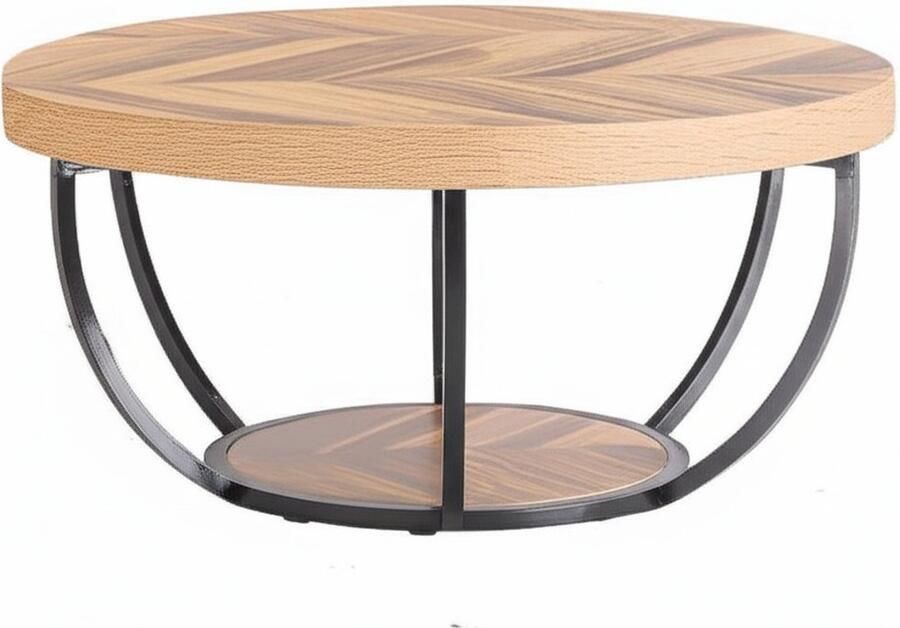 Suredeal Ronde Salontafel 80x80x44 cm MDF Metaal Houtlook Zwart 2-Laags Opbergruimte Industrieel vormgeving Voor Woonkamer of Kantoor Stabiel Frame