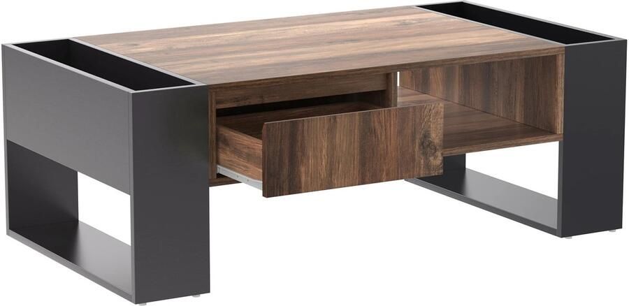 Suredeal Salontafel 106×60×40 cm (B×D×H) – Houtlook Zwart – Met Lades & Dubbelzijdig Opbergvak – Handgreeploos Design – Moderne Tafel Voor Woonkamer