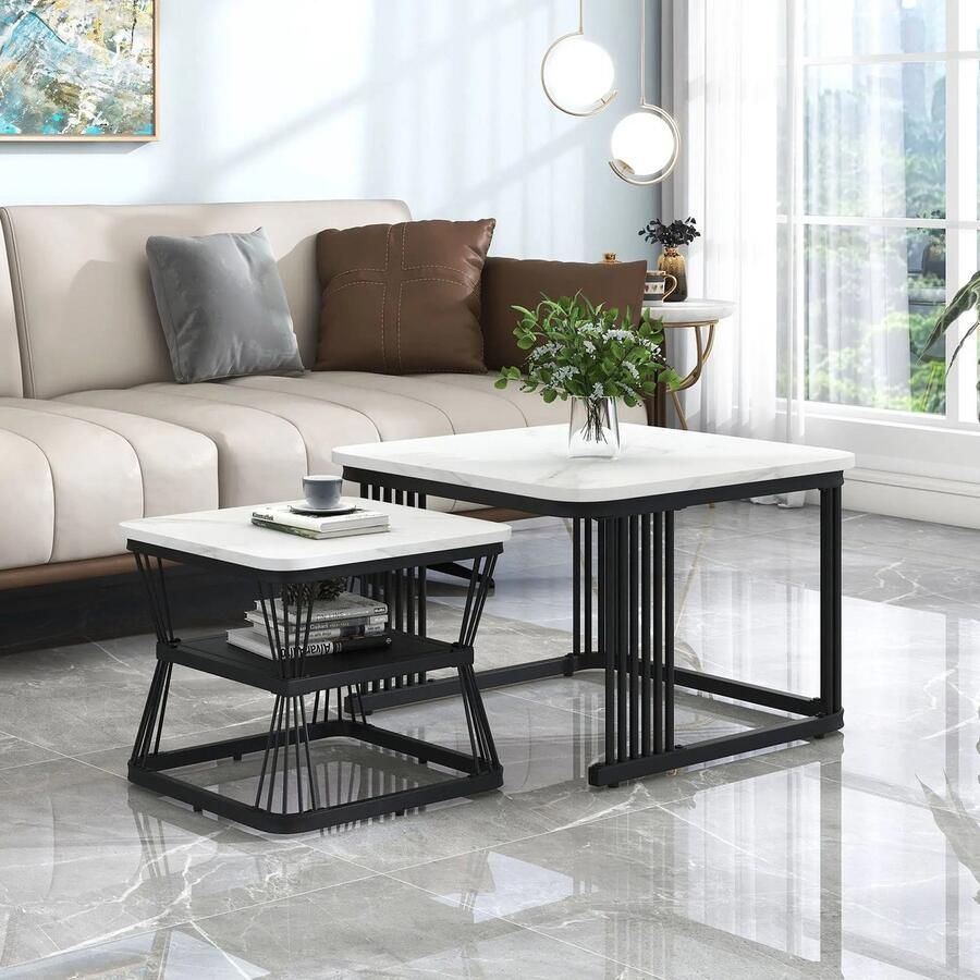 Suredeal Salontafel En Set Van 2 Bijzettafels PVC In Marmer Look Zwart Mat Stalen Buizen 65x65x45 cm En 45x45x39 5 cm