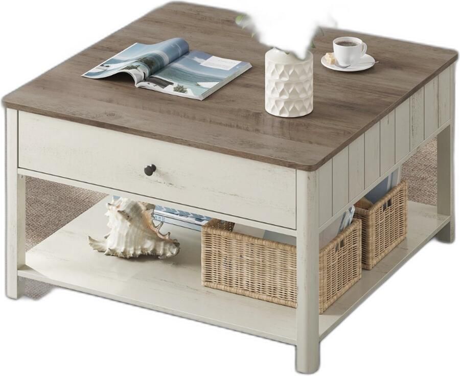 Suredeal Salontafel met 2 Lades 80x80x45 cm Spaanplaat MDF Walnootbruin Wit Veel Opbergruimte Maritieme Stijl Voor Woonkamer Vrijstaand